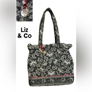 liz & co. Black, Cream and Red Quilted Floral Tote with Branded charm